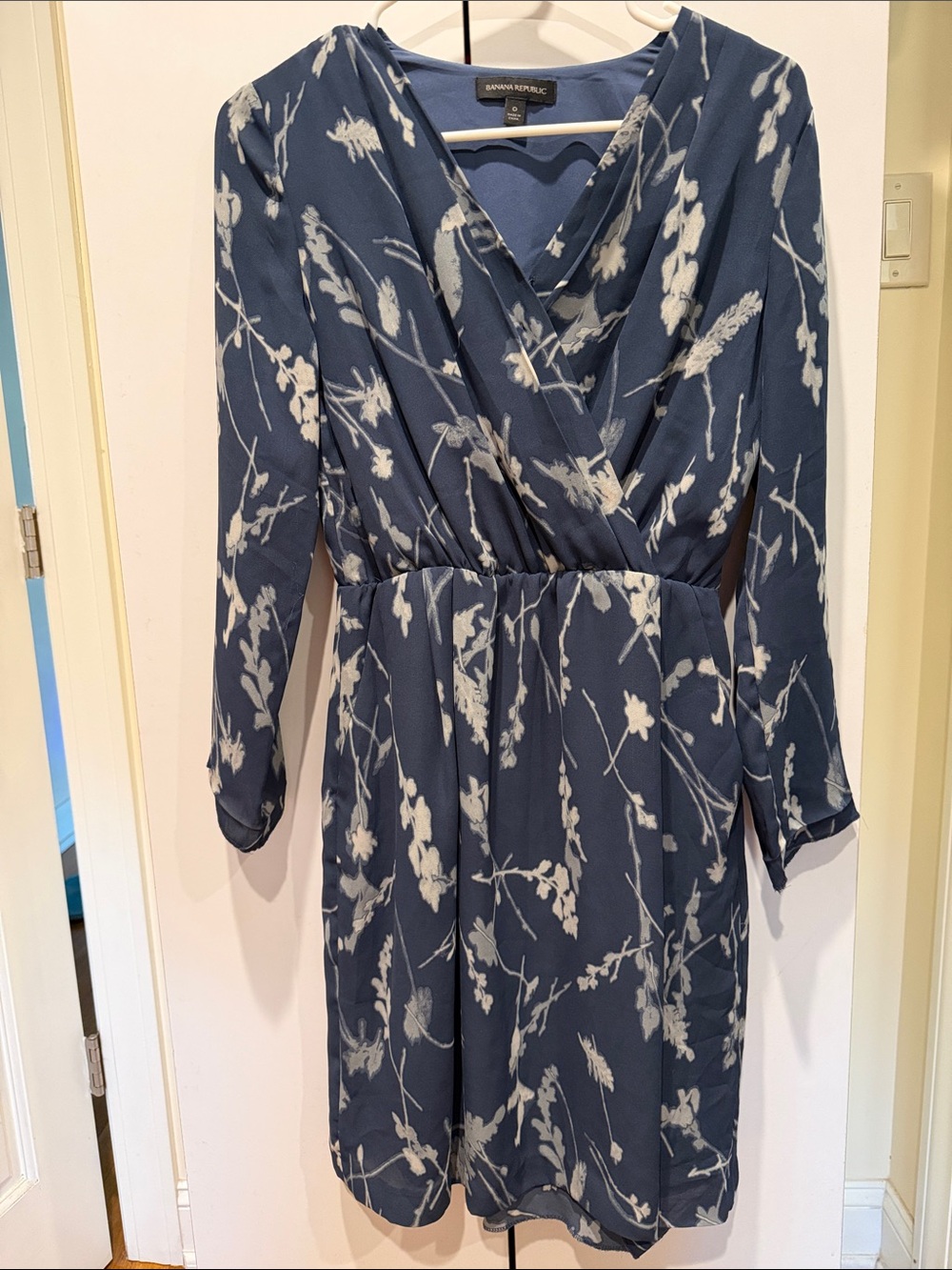 Banana Republic Navy Blue Floral Wrap-Style Long Sleeve Dress